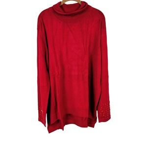 IMAN Womens 2X Turtleneck Sweater Red Beaded Cuff Rayon Blend Pullover NEW